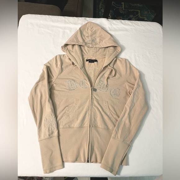 BCBGMaxAzria Tan Zip-Up Rhinestone Track Jacket - Size Medium - Picture 2 of 9